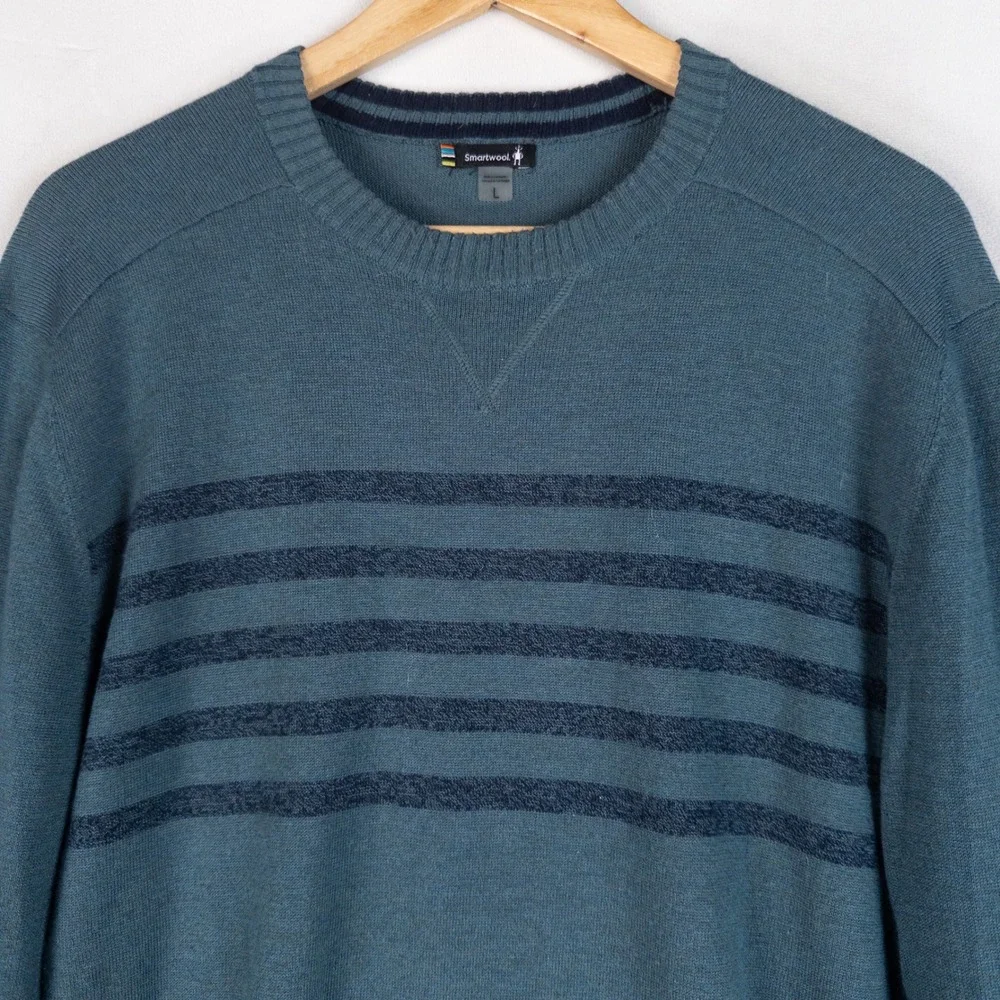 Smartwool Mens Sweater Large Blue Merino Wool Blend Striped Crewneck Pullover